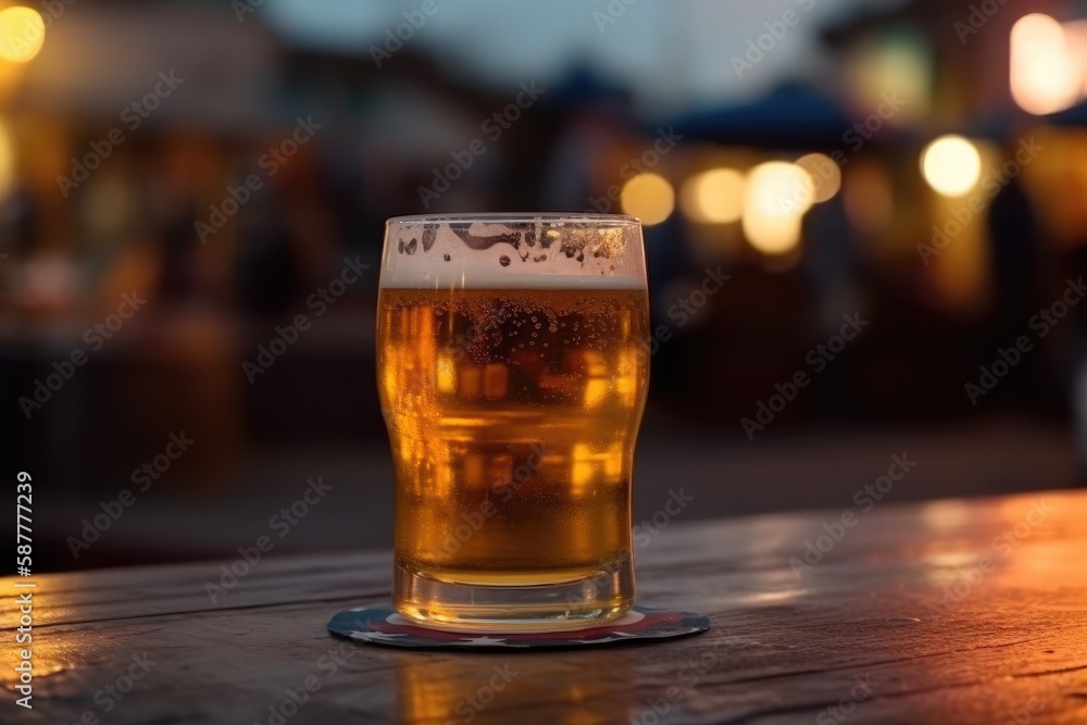 Glass of beer on a table in a bar on blurred bokeh background Glass of beer on a table in a bar on blurred bokeh background