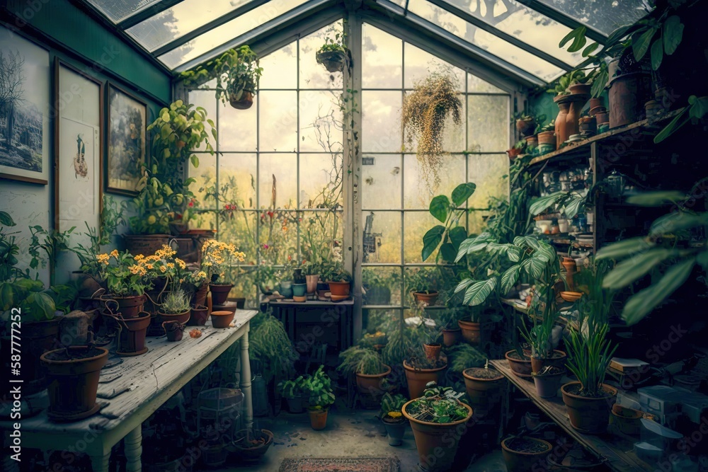A greenhouse filled with potted plants. Generative Ai.