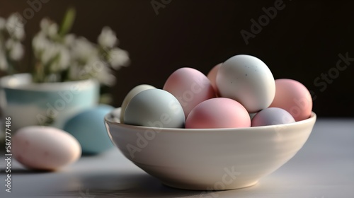 Pastel Colored Easter Eggs in White Bowl on Table with Copy Space