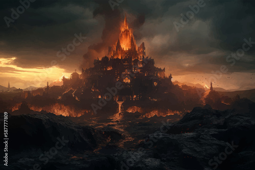 Terrifying Hell. Blazing Inferno - a fiery land ruled by demons. Abyss of Darkness - depth of evil. Realm of unimaginable fear. Underworld. Landscape of horror. World of monsters. 3D art