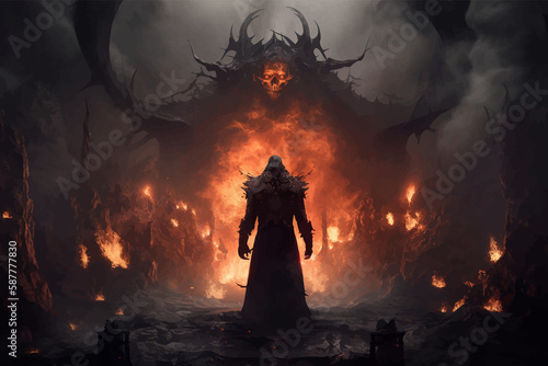 Terrifying Hell. Blazing Inferno - a fiery land ruled by demons. Abyss of Darkness - depth of evil. Realm of unimaginable fear. Underworld. Landscape of horror. World of monsters. 3D art