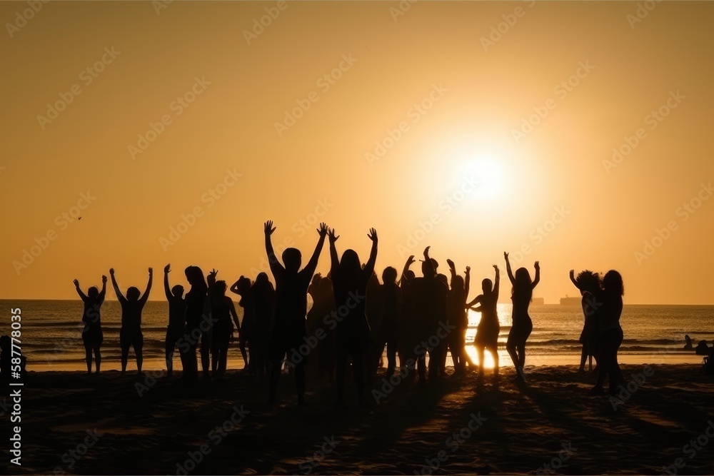 Silhouettes of People Dancing Summer Beach Party Concept