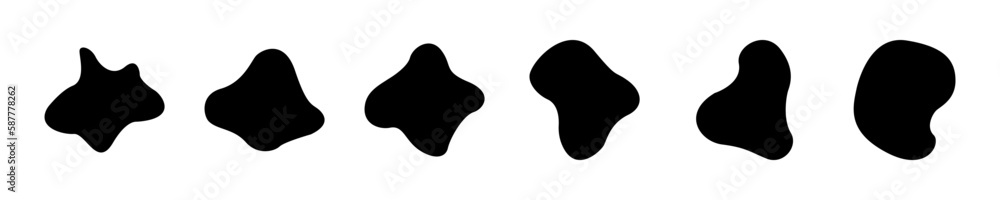 Set of liquid black blots or blobs in flat style. Spot shape template for design. Collection of liquid random shapes. Black spot on a white background. Vector illustration. Set of liquid black blots or blobs in flat style. Spot shape template for design. Collection of liquid random shapes. Black spot on a white background. Vector illustration.