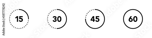Timer icon vector set. Timer signs with 15, 30, 45, 60 seconds or minutes. Vector illustration.