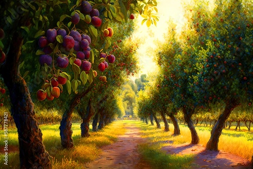 A tree-lined orchard with ripe apples on the branches. Generative Ai.