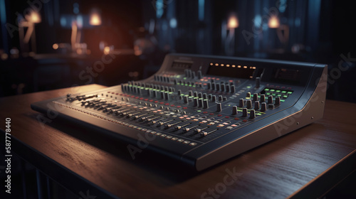 Professional audio studio sound mixer console board panel with recording. Generative Ai