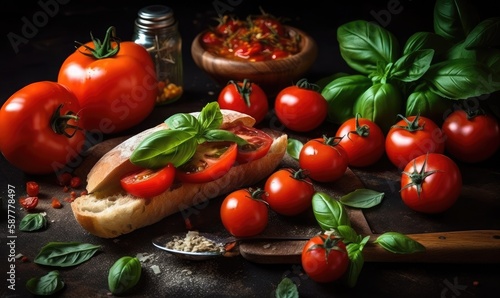 Tomato and basil sandwiches with ingredients, Italian, Vegetarian or Healthy food concept, generative AI