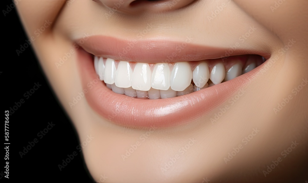 Perfect white teeth close up with shade guide bleach color, female veneer smile, dental care and stomatology, dentistry Perfect white teeth close up with shade guide bleach color, female veneer smile, dental care and stomatology, dentistry