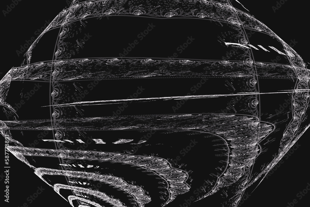 Fototapeta premium White pattern of crooked waves on a black background. Abstract fractal 3D rendering