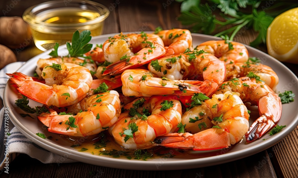 Traditional spanish shrimp with garlic and parsley, generative AI Traditional spanish shrimp with garlic and parsley, generative AI