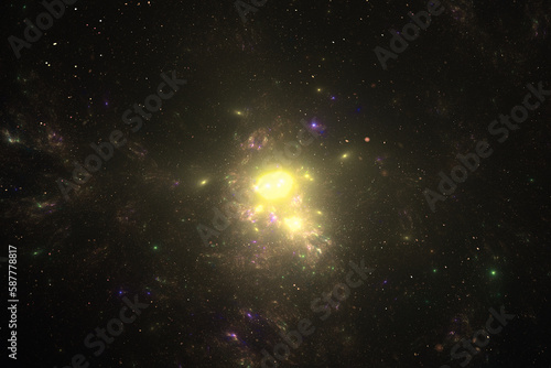 Yellow glowing clouds of stardust in black space. Abstract fractal 3D rendering