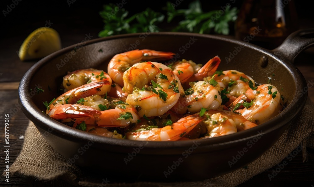 Traditional spanish shrimp with garlic and parsley, generative AI Traditional spanish shrimp with garlic and parsley, generative AI