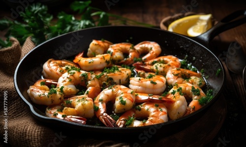 Traditional spanish shrimp with garlic and parsley, generative AI