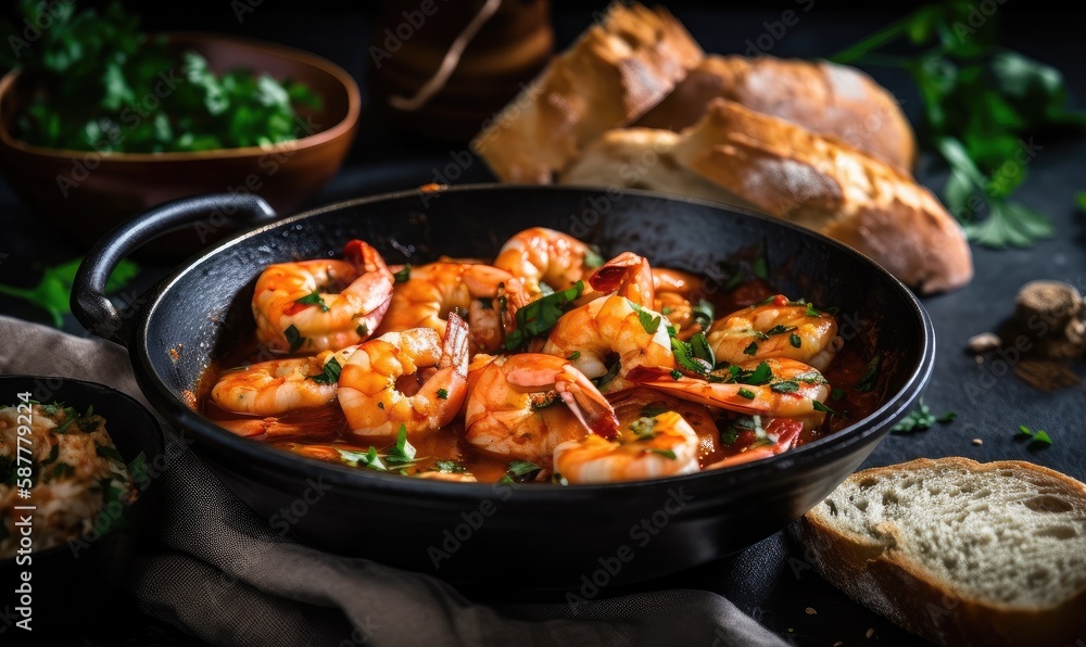 Traditional spanish shrimp with garlic and parsley, generative AI Traditional spanish shrimp with garlic and parsley, generative AI