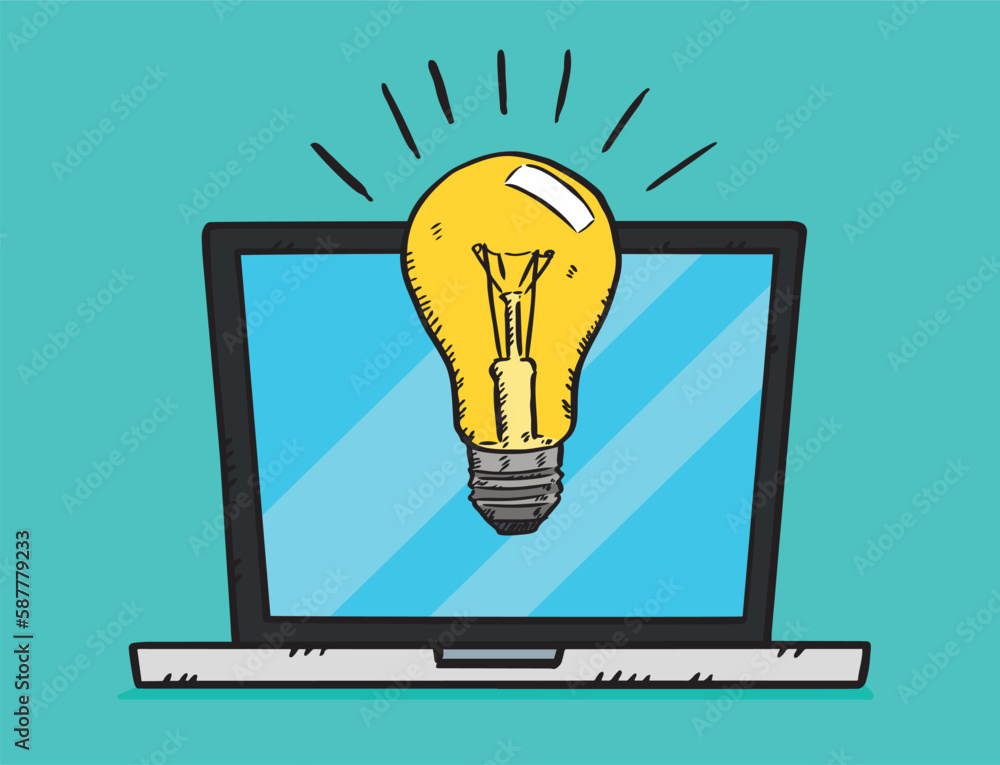Hand-drawn vector graphic showing a laptop along with a light bulb of ideas displayed on the screen. Colorful doodle illustration. Hand-drawn vector graphic showing a laptop along with a light bulb of ideas displayed on the screen. Colorful doodle illustration.