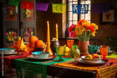 Cinco de Mayo Celebration Table Setting with Pottery and Flowers