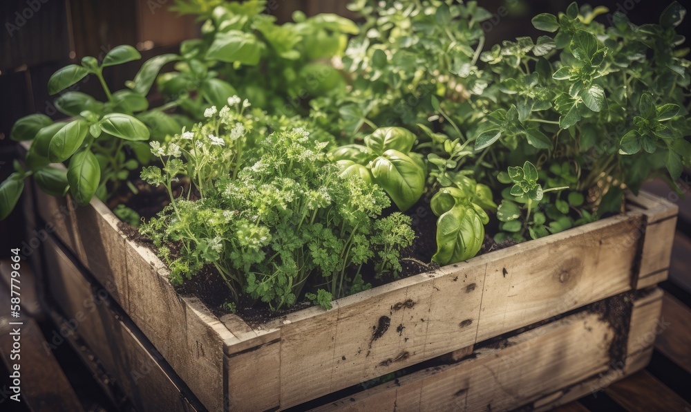 Wooden crate with a variety of fresh green potted culinary herbs growing outdoors in a backyard garden, generative AI