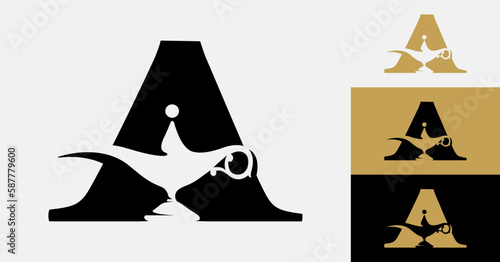 Letter A logo with the Aladdin's magic lamp. Negative space artwork. Best for restaurant, fashion, Islamic and architecture logo.