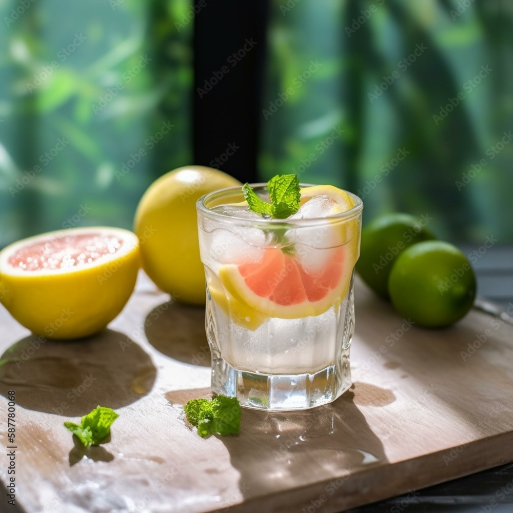 Fototapeta premium sliced lemon, shot, glass, summer Generative AI
