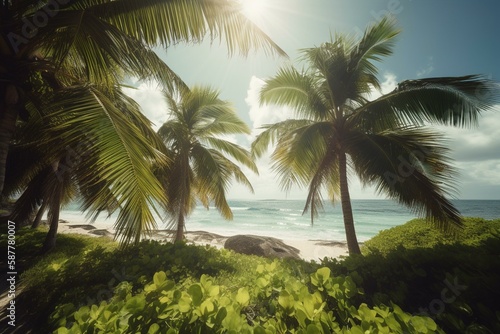 green palms in the beach, ocean, sunny Generative AI © Катерина Євтехова