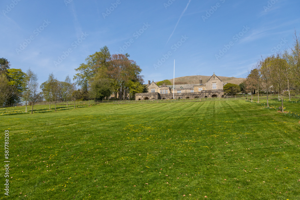 View if the buildings of the Sedbergh village. School playground. Yorkshire Dales, England, UK.