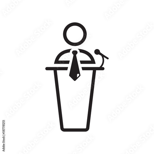 Speaker vector icon. Podium speech sign. Conference presentation speech icon. Tribune orator speech sign. Audience spokesman symbol. Politician pictogram. UX UI icon