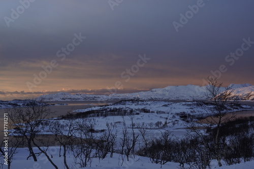 snowy nature landscape at sunset in tromso  norway