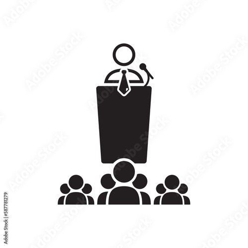 Speaker vector icon. Podium speech sign. Conference presentation speech icon. Tribune orator speech sign. Audience spokesman symbol. Politician pictogram. UX UI icon