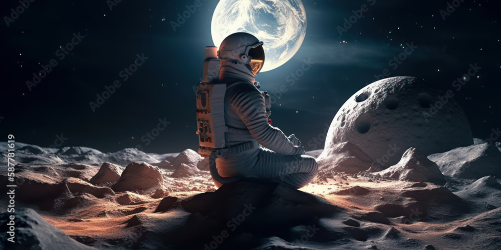 Obraz premium Lunar Meditation: Astronaut meditating in a peaceful position on the surface of the moon, surrounded by the vast expanse of space and planet in the distance. Generative AI