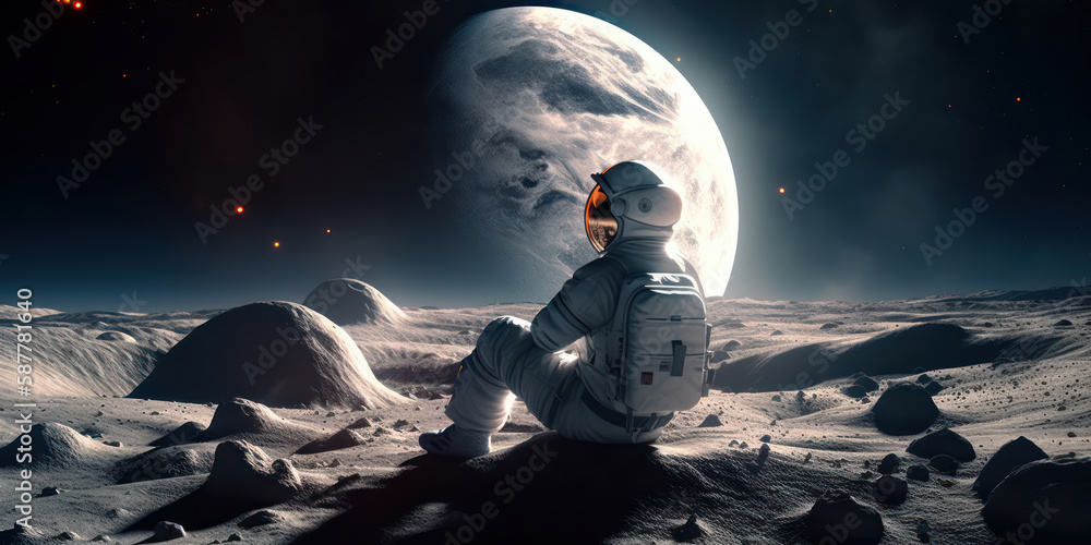 Lunar Meditation: Astronaut meditating in a peaceful position on the surface of the moon, surrounded by the vast expanse of space and planet in the distance. Generative AI