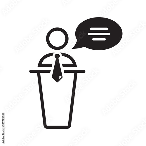 Speaker vector icon. Podium speech sign. Conference presentation speech icon. Tribune orator speech sign. Audience spokesman symbol. Politician pictogram. UX UI icon
