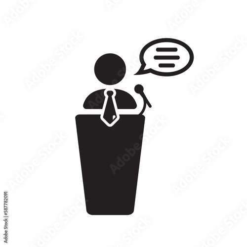 Speaker vector icon. Podium speech sign. Conference presentation speech icon. Tribune orator speech sign. Audience spokesman symbol. Politician pictogram. UX UI icon