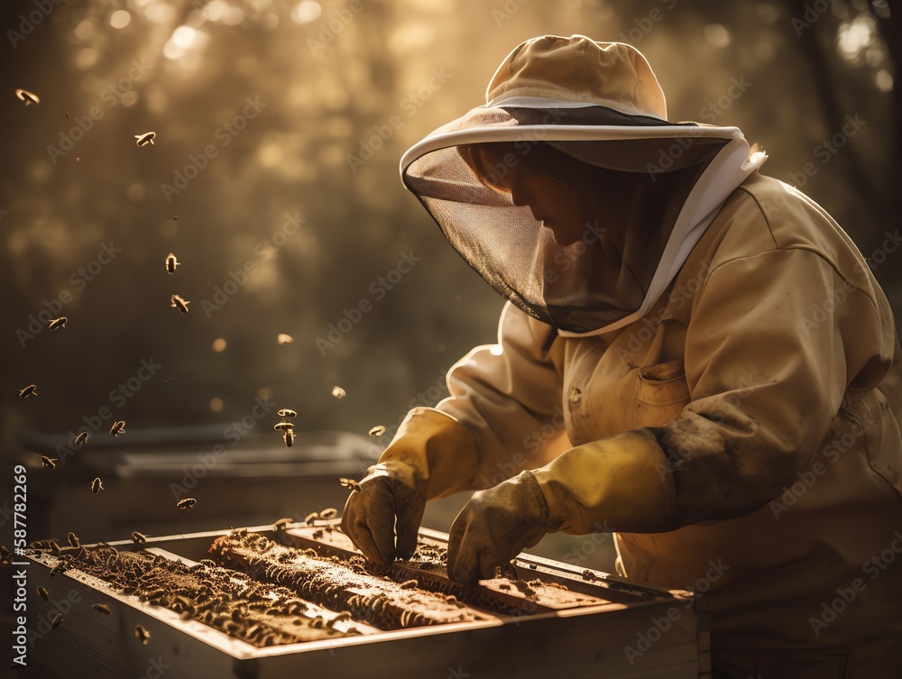 Beekeeper is working with bees and beehives on apiary Beekeeper is working with bees and beehives on apiary