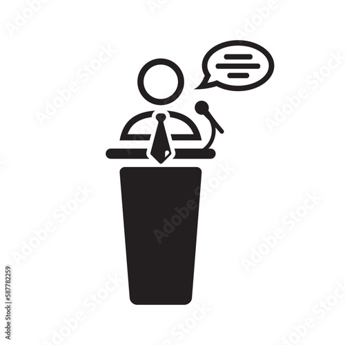 Speaker vector icon. Podium speech sign. Conference presentation speech icon. Tribune orator speech sign. Audience spokesman symbol. Politician pictogram. UX UI icon