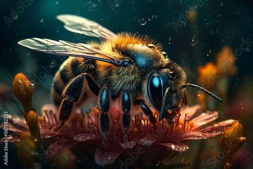 Illustration of a bee perched on a vibrant flower created with Generative AI technology © AI Visual Vault