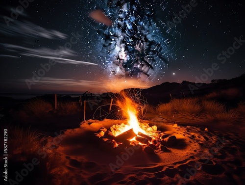 Burning campfire in the desert at night.