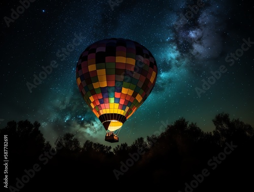 Colorful hot air balloon against night starry sky. Mixed media