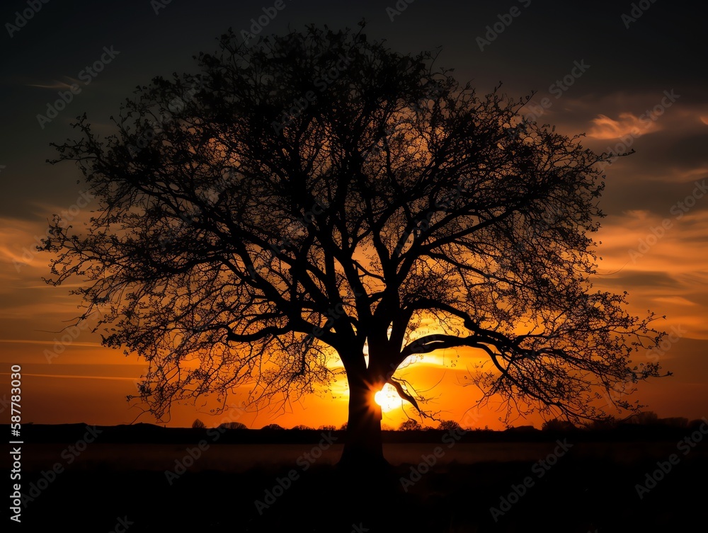 Silhouette of an old oak tree at sunset