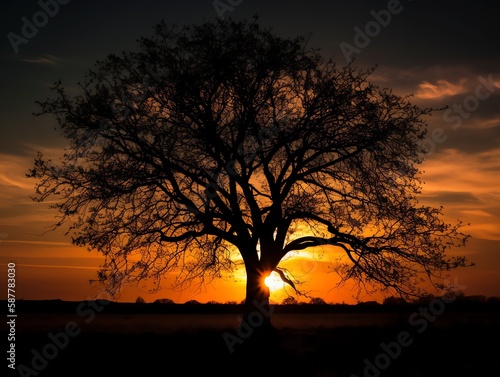 Silhouette of an old oak tree at sunset