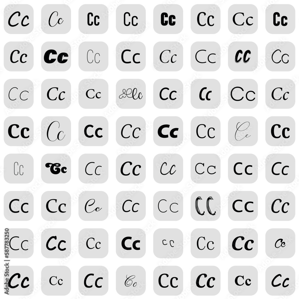 Letter C in different fonts on white background. Type design collection on grey buttons. Vector illustration. Letter C in different fonts on white background. Type design collection on grey buttons. Vector illustration.