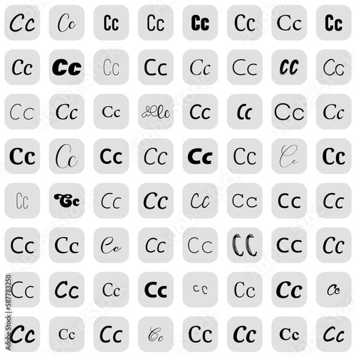 Letter C in different fonts on white background. Type design collection on grey buttons. Vector illustration.