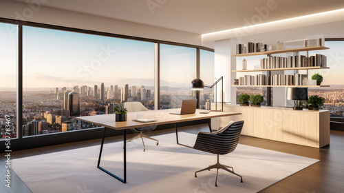 Modern Executive Space: Detailed Office with Panoramic City Views Created with Generative AI Technology