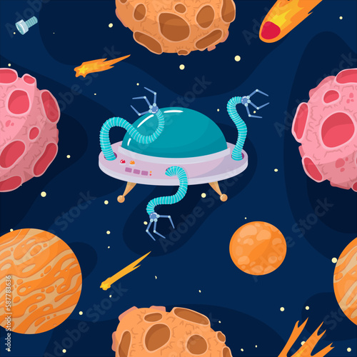 UFOs, spaceships, rockets. Solar system, intergalactic travel. Galaxies, planets, asteroids, comets, shooting stars. Vector illustration in cartoon style on a white background.