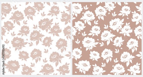 Abstract Hand Drawn Floral Seamless Vector Pattern. Roses Isolated on a White and Blush Brown Background. Abstract Blossom Garden Design. Floral Repeatable Print ideal for Fabric, Textile.