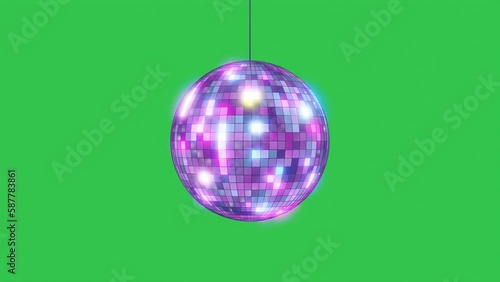 Disco ball spinning loop seamless with flares purple blue yellow Colors. Looped 3d animation of discoball turning on green background. Loop-able isolated retro mirrorball motion. 4K UHD 3840x2160
