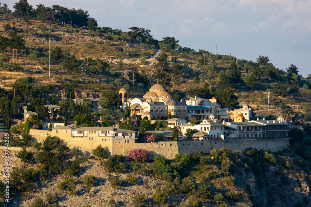 Distance view of a Monastery of Archangel Michael in Greece, Thassos Island