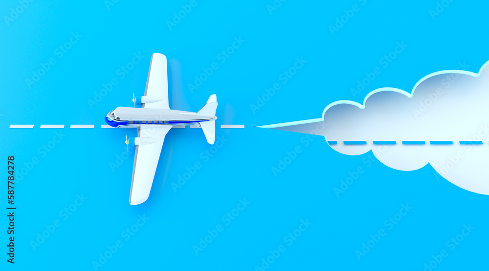 Creative concept of air travel by plane, discounts on tickets, airline. A small model of a toy airplane on the runway made of blue color paper. Copy space, flat lay. 3d render illustration. Creative concept of air travel by plane, discounts on tickets, airline. A small model of a toy airplane on the runway made of blue color paper. Copy space, flat lay. 3d render illustration.