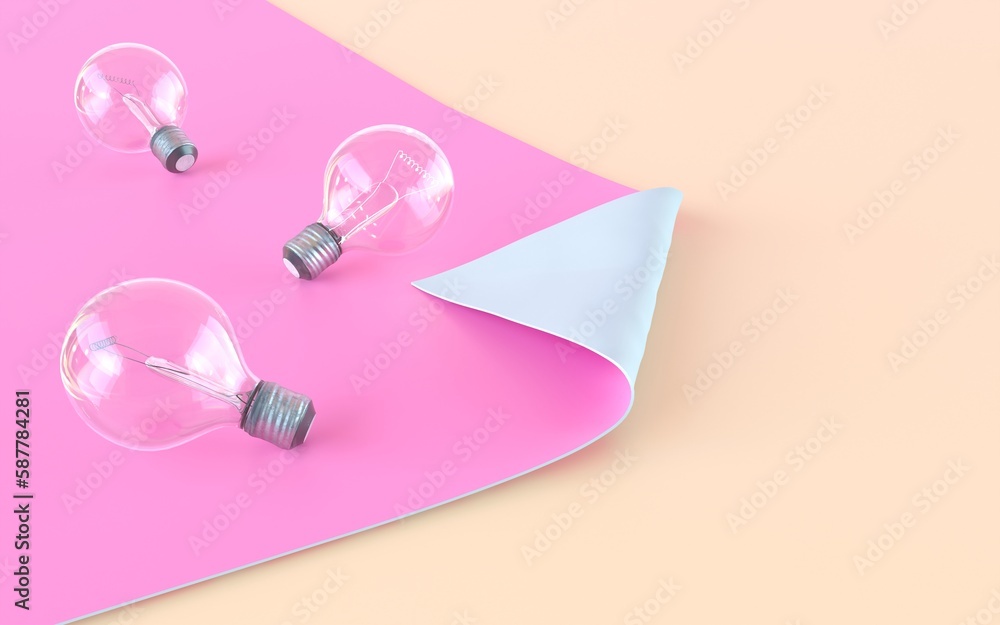 Creative concept of innovation, business idea, startup. Classic glass light bulbs lie on pink cardboard with a curved corner, copy space. 3d render illustration.