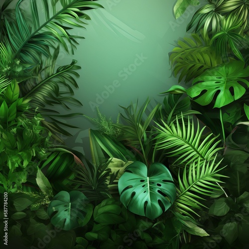 Green leaves of tropical plants bush  Monstera  palm  rubber plant  pine  bird   s nest fern  floral arrangement indoors garden nature backdrop