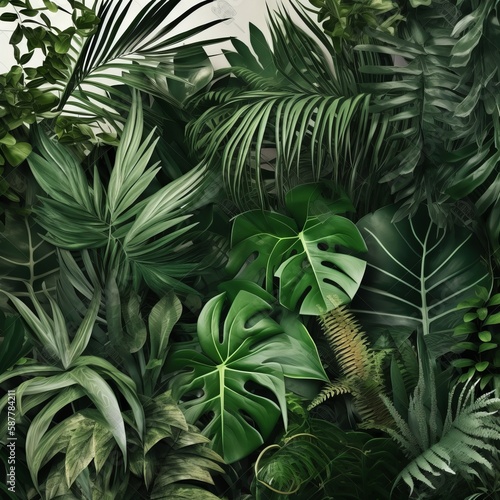 Green leaves of tropical plants bush (Monstera, palm, rubber plant, pine, bird’s nest fern) floral arrangement indoors garden nature backdrop